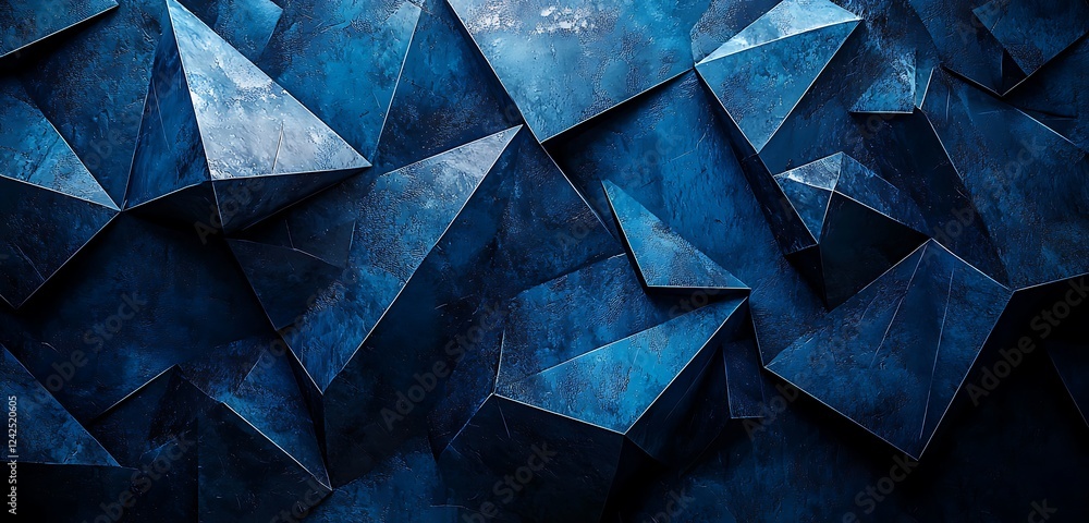 Aufkleber navigate the geometric complexities of blue and black abstract backgrounds, featuring angled blocks 