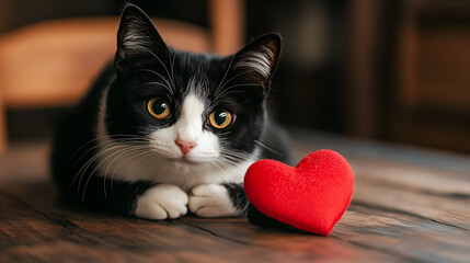 Adorable tuxedo cat with red heart Valentines Day pet love romantic animal image
