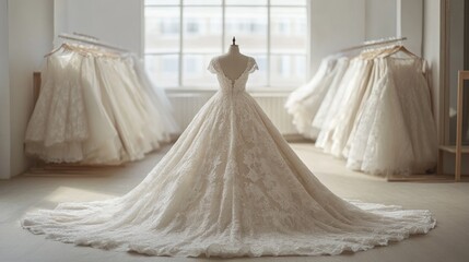 Obraz premium Elegant bridal preparations featuring a stunning lace wedding dress on a mannequin in a bright studio surrounded by white gowns, soft natural light.