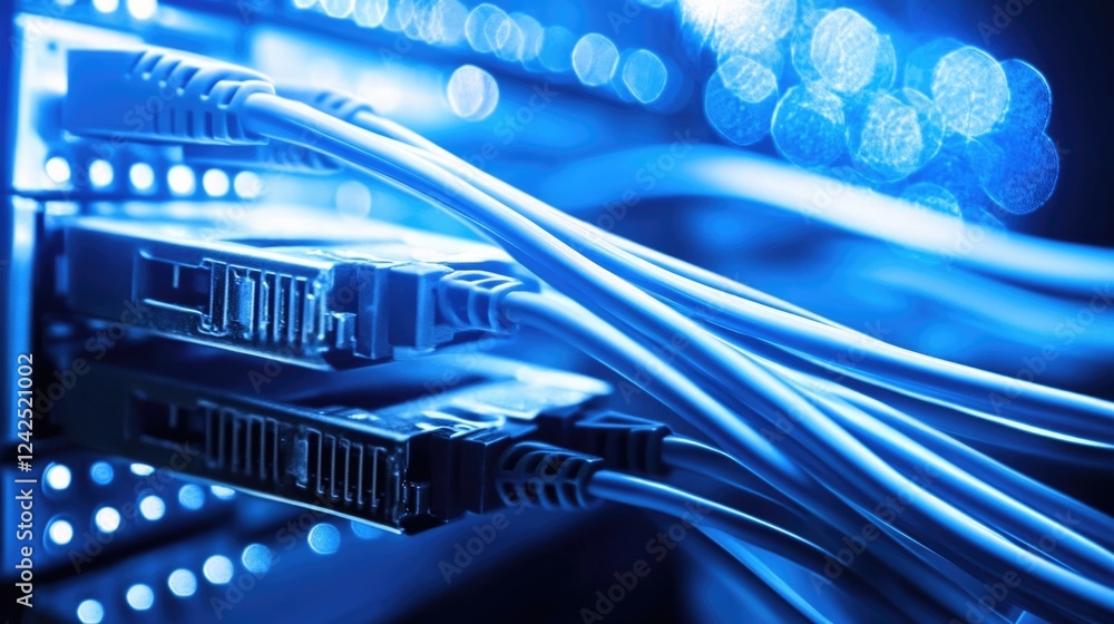Poster close-up of blue ethernet cables connected to a network switch with glowing lights in a data center,