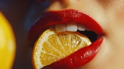 Caucasian woman with striking red lips holding a lemon slice close to mouth featuring perfect white teeth showcasing vibrant yellow citrus fruit for summer refreshment concept