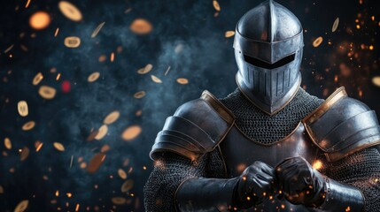 Fototapeta premium Businessman in medieval knight armor poised for battle amidst flying coins representing financial struggle and competition in a dramatic dark background.