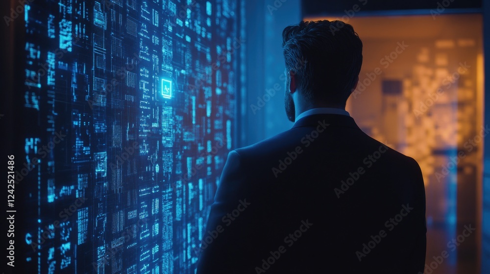 Aufkleber businessman in a sleek black suit stands in a high-tech office, focused on glowing blue data securit