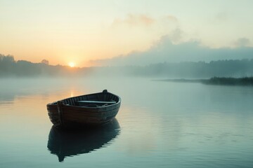 Naklejka premium Serene sunrise scene, lone wooden rowboat floats on misty lake. Ideal for peace, tranquility, solitude, or nature themes.