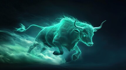 Dynamic Bull Running Through Mist Ethereal Landscape Digital Art Night Scene Action-Packed Energy