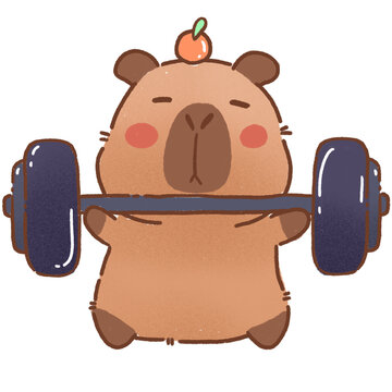 Cute capybara lifting barbell with peach on its head, showcasing strength and determination
