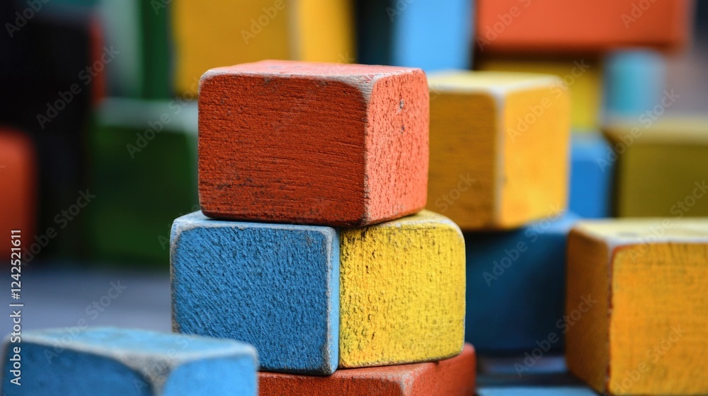 Poster colorful wooden building blocks stacked in playful arrangement on a table background promoting learn
