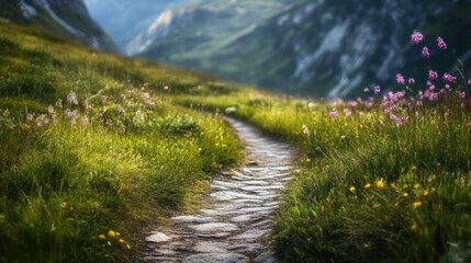 Scenic trail path with wildflowers in lush green valley landscape during daytime in vibrant nature setting ideal for outdoor sports and activities