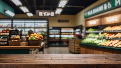 A clean wooden tabletop with a blurred supermarket background, creating the perfect setting for showcasing products