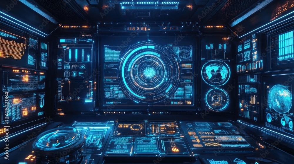 Poster futuristic engineer control room featuring advanced automation technology and innovative software so