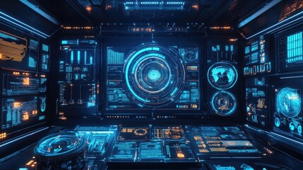 Obraz premium Futuristic Engineer Control Room Featuring Advanced Automation Technology and Innovative Software Solutions for Industrial Process Management in Blue and Orange Tones