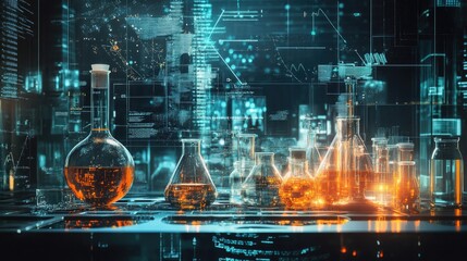 Futuristic laboratory with glowing glass flasks and beakers filled with orange liquid, digital data overlay, technology integration in science and medicine.