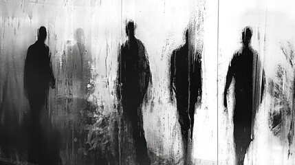 Silhouetted figures on frosted glass background depicting themes of tension and ambiguity in monochrome, evoking a sense of unease and mystery.