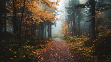 Obraz premium serene foggy forest pathway with vibrant autumn foliage in shades of orange and yellow surrounded by lush greenery and tall trees