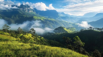 Obraz premium Lush green mountainous landscape under a bright blue sky with scattered clouds showcasing a serene trekking destination in nature.