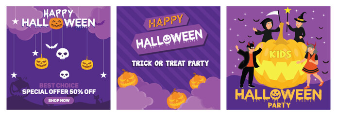 Colorful Halloween themed banners with festive elements and celebratory graphics.