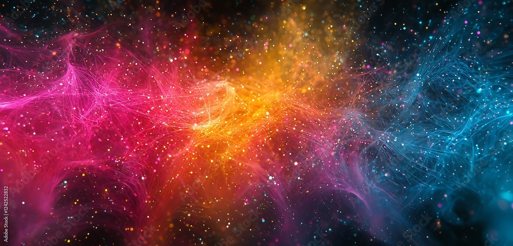 Poster neon-colored fiber optic lines create a stunning abstract texture, evoking a sense of speed and tech