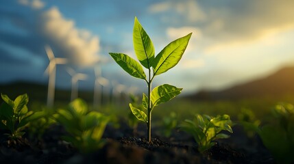 Fototapeta premium Green Plant Growing in Field with Wind Turbines at Sunset