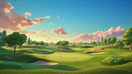 3D isometric beautiful golf course with vibrant green fairway, flag positioned on the side, golden hour light and tranquil sky with trees in the background