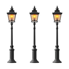 Elegant Black Classic Street Lamps Design 3d old dark city isolated on transparent background, png