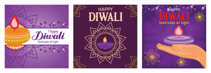 Diwali festival celebration with lamps and decorative elements in vibrant purple theme.