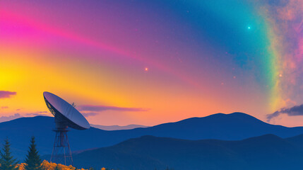 Fototapeta premium Cosmic Horizon: A satellite dish stands silhouetted against a vibrant, otherworldly sunset, casting a sense of wonder and exploration. The panoramic view showcases majestic mountains and a surreal.