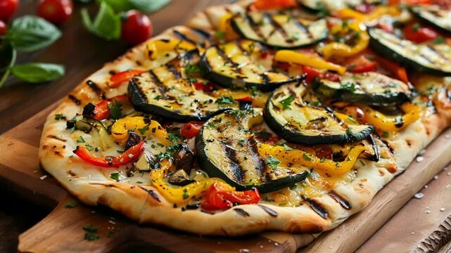 Indulge in mouthwatering flatbread pizza with grilled vegetables like zucchini, eggplant, bell peppers, and tomatoes, sprinkled with fresh parsley
