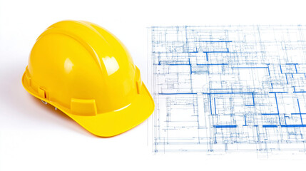 Safety First, Blueprint Second: A bright yellow hard hat, a symbol of safety and protection, lies next to a detailed blueprint, representing planning and construction.