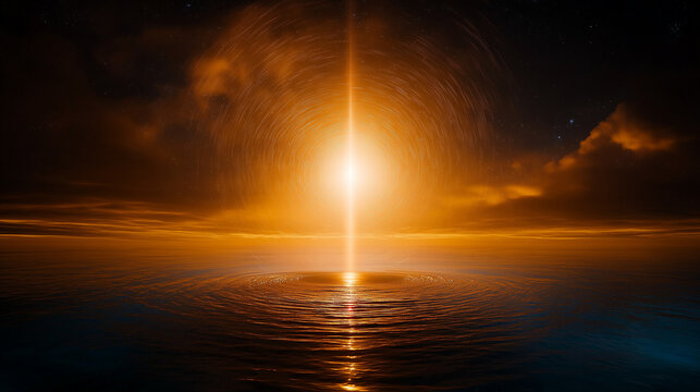 Celestial Glow: A mesmerizing shot of a bright, golden light piercing through a dark sky, its reflection shimmering on a vast, tranquil ocean. The scene evokes a sense of awe and wonder.