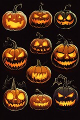 Nine spooky halloween pumpkins glowing in the dark with scary faces