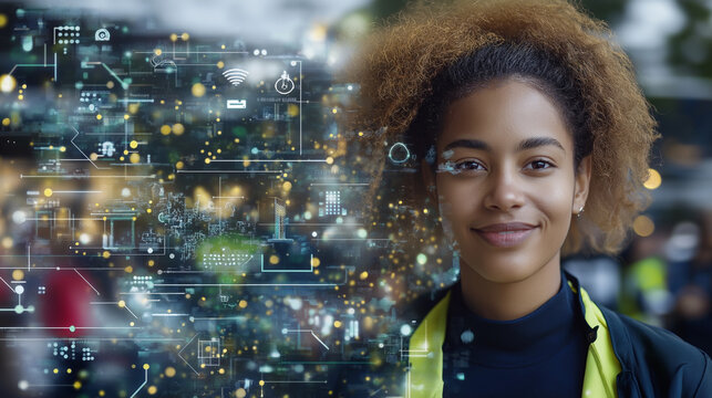 Confident Young Woman with Futuristic Interface: A portrait of a smiling young woman with curly hair, overlaid with a vibrant, futuristic digital interface.  The image evokes themes of technology.