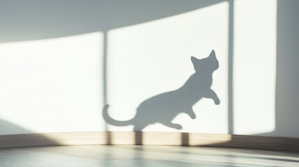 A large bay window projecting a playful cat's shadow on a white wall background with a floor