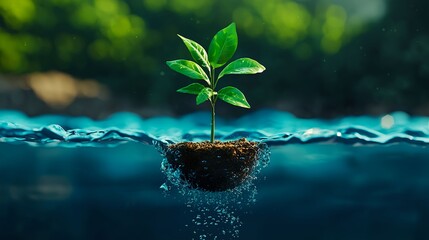 Green Plant Sprout Emerging from Water