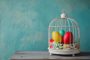 Easter composition with Easter eggs in decorative cage, flowers on color wooden background tradition concept.