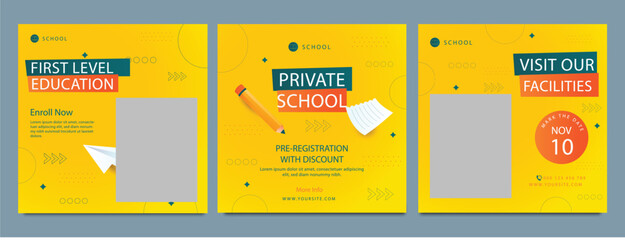 School admission open social media post design, back-to-school promotion square banner layout template, educational Instagram and Facebook post kit, high-quality web banner for enrollment ads bundle