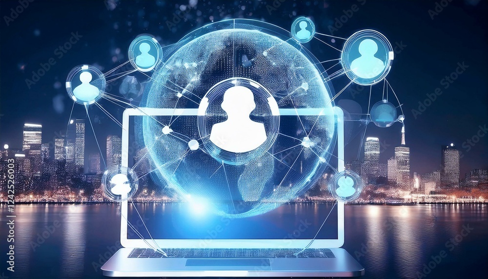 Poster businessman holding a digital tablet with binary code. remote work and social media network hologram