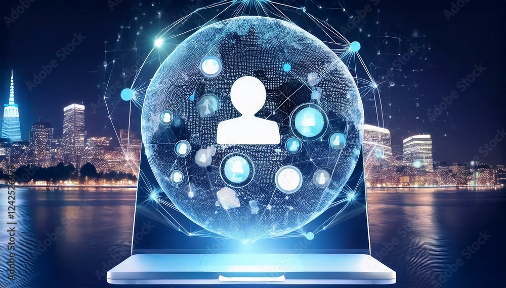 Poster businessman holding a digital tablet with binary code. remote work and social media network hologram