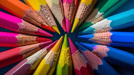 Colorful Pencils Arranged in a Circle, Close-Up Macro Shot