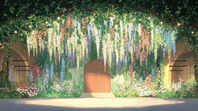 Enchanted Garden Entrance: A magical doorway is veiled by a cascade of vibrant wisteria, creating an enchanting gateway to a secret garden, a place where dreams take flight.  