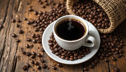 Fototapeta premium Aromatic Hot Black Coffee in a White Cup Surrounded by Roasted Coffee Beans on Rustic Wooden Table