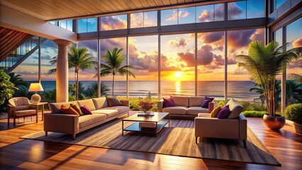Fototapeta premium Luxury Beach House Living Room with Panoramic Ocean Views - Tranquil Summer Escape