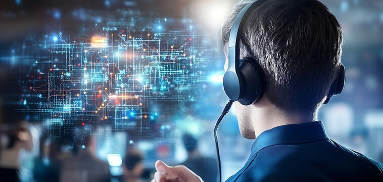 A cybersecurity professional wearing a headset, guiding a team through a live cyber attack recovery process, with a complex network map in the background