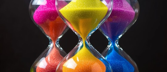 Brightly colored sand passing through the bulbs of an hourglass