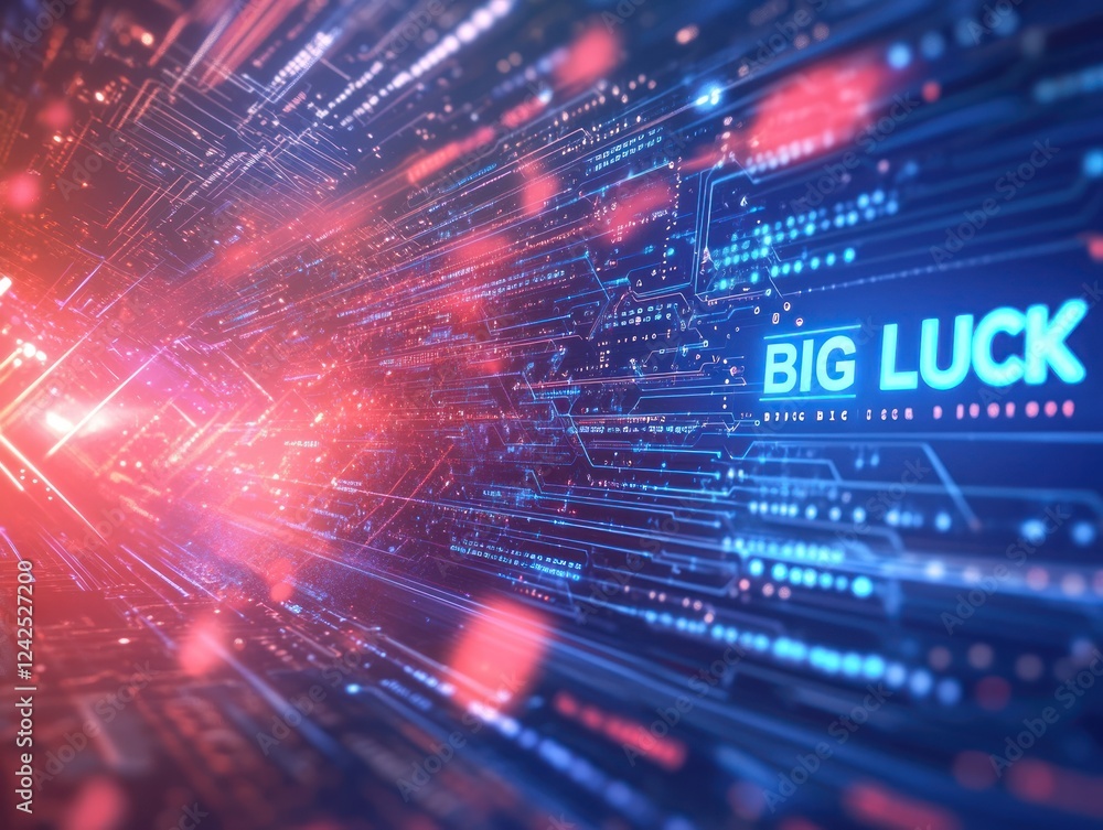 Aufkleber futuristic electronic circuit with bright text 'big luck' and abstract lines for use in tech