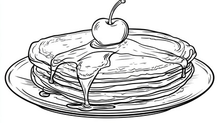 Delicious pancakes with syrup and cherry, breakfast food