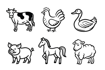 A set of hand-drawn farm animal icons, including a cow, chicken, duck, pig, horse, and sheep, in black outline style