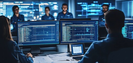 Cybersecurity Team Managing a Simulated Cyber Attack in a High-Tech Command Center.