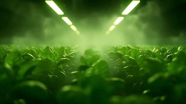 Green Plants Growing Under Bright Green Lights in a Controlled Environment
