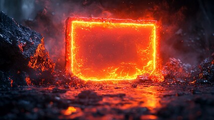 Glowing rectangular frame of molten lava surrounded by dark, smoky terrain in a mystical landscape