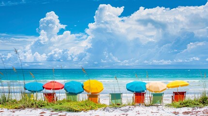 Colorful beach umbrellas and chairs on a sunny day